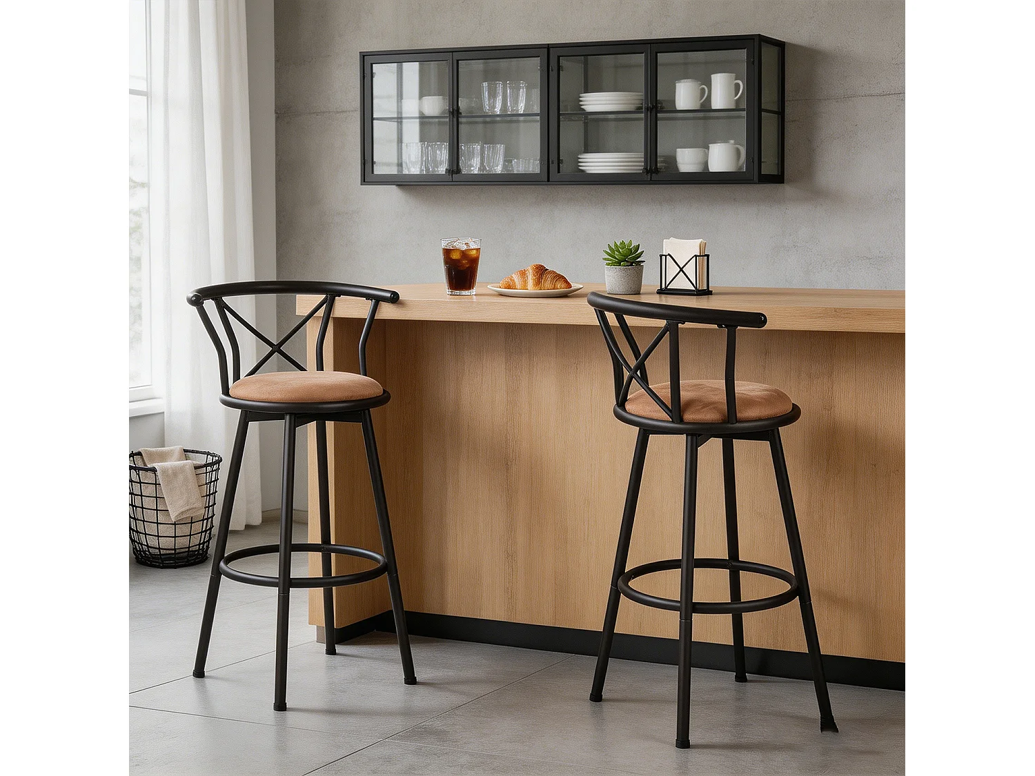 Lot de 2 Chaises de Bar pivotant sur 360° avec Dossier et Repose-Pieds Marron Rustique et Noir