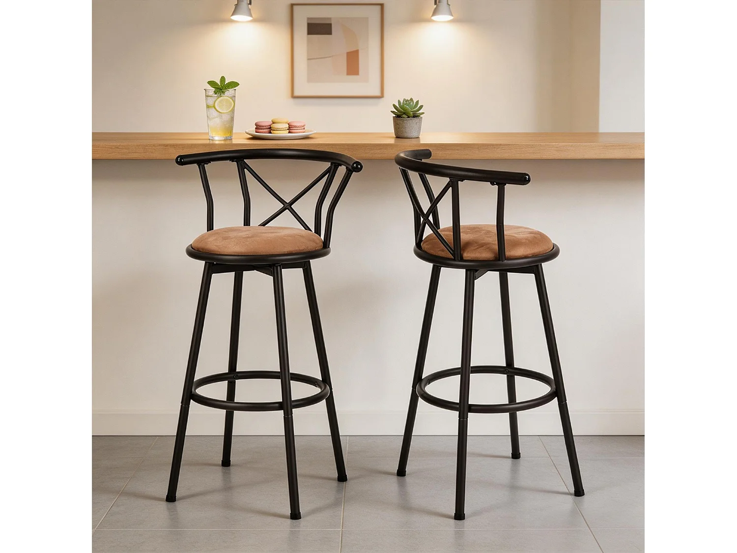 Lot de 2 Chaises de Bar pivotant sur 360° avec Dossier et Repose-Pieds Marron Rustique et Noir