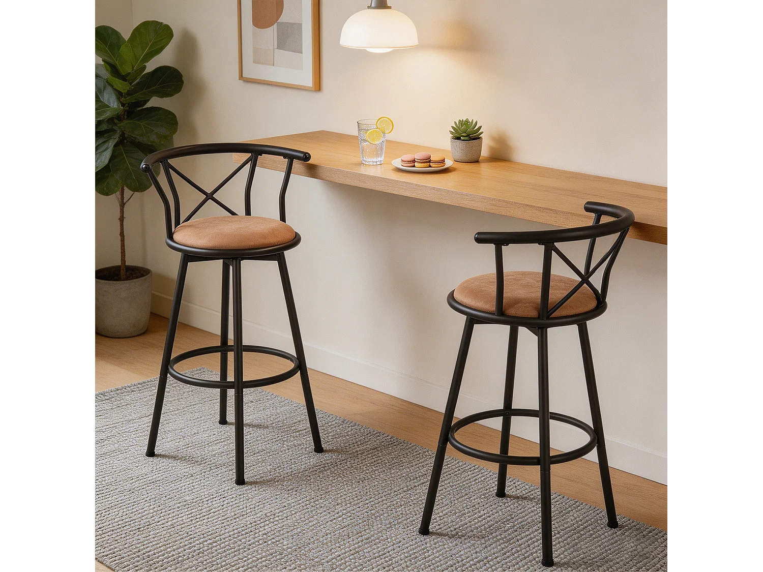 Lot de 2 Chaises de Bar pivotant sur 360° avec Dossier et Repose-Pieds Marron Rustique et Noir