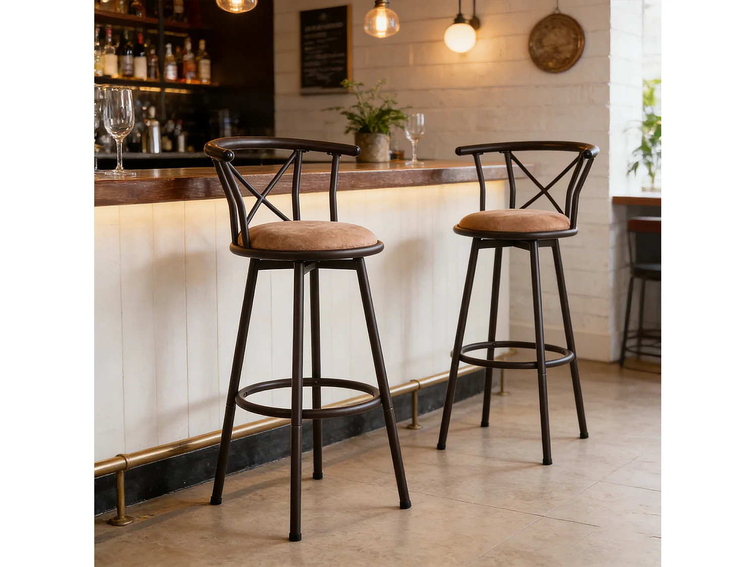 Lot de 2 Chaises de Bar pivotant sur 360° avec Dossier et Repose-Pieds Marron Rustique et Noir