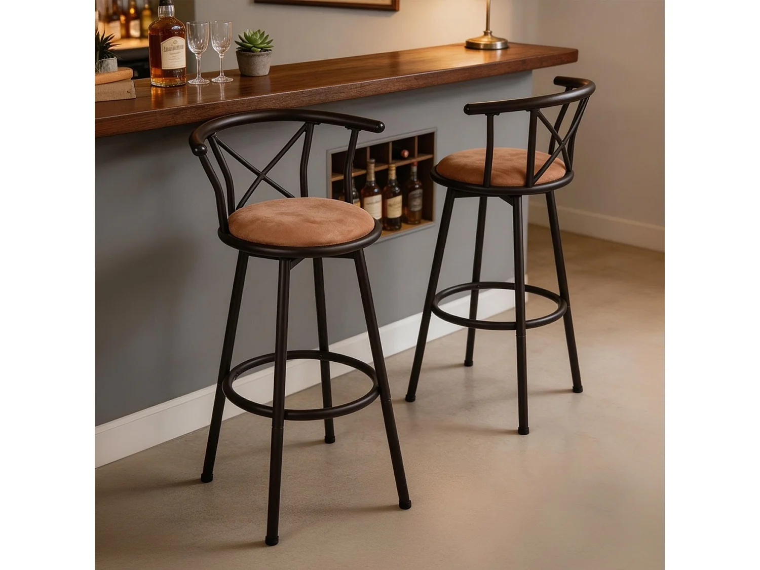 Lot de 2 Chaises de Bar pivotant sur 360° avec Dossier et Repose-Pieds Marron Rustique et Noir