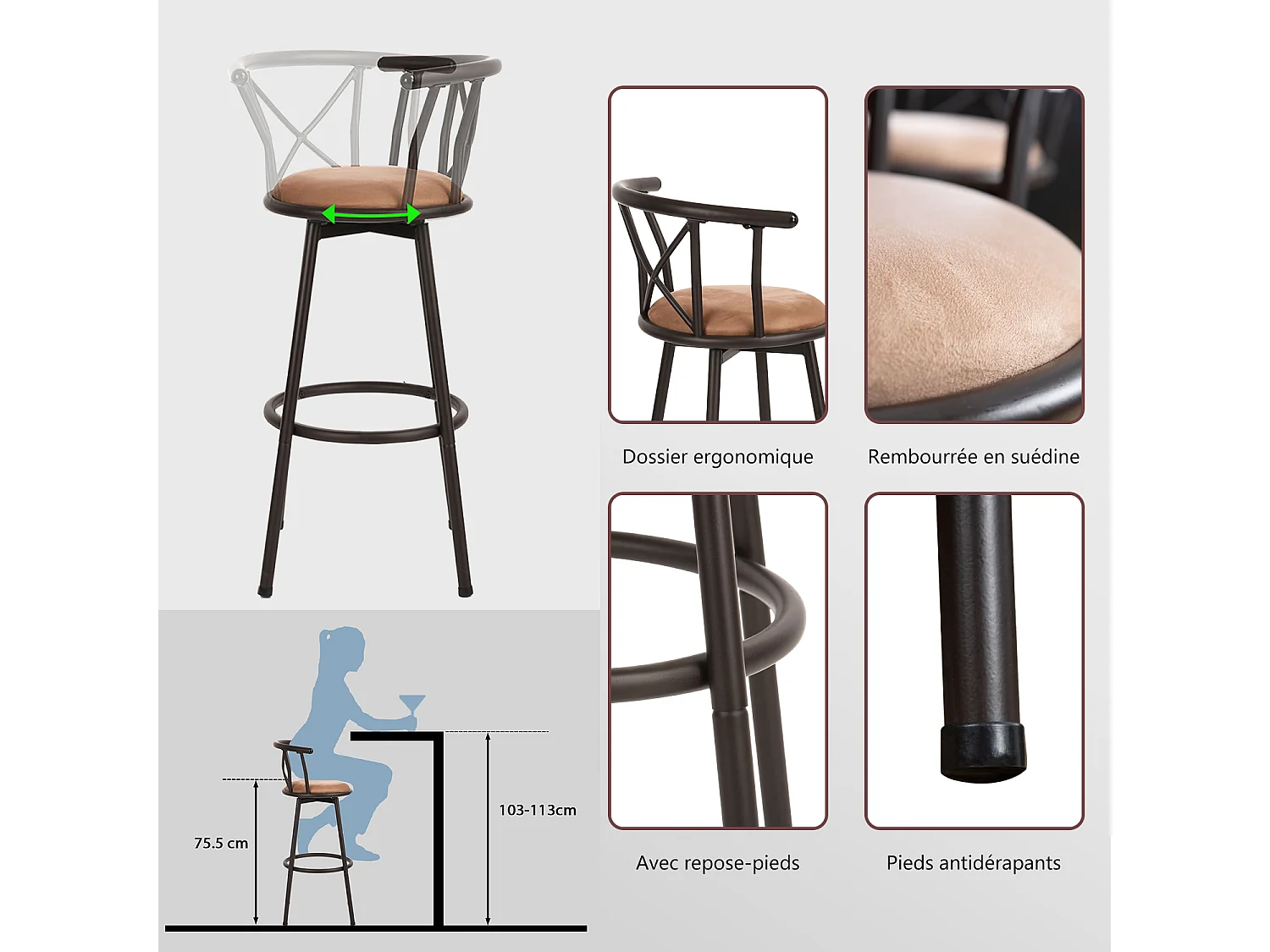 Lot de 2 Chaises de Bar pivotant sur 360° avec Dossier et Repose-Pieds Marron Rustique et Noir