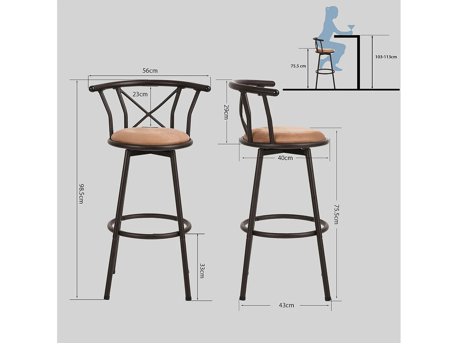 Lot de 2 Chaises de Bar pivotant sur 360° avec Dossier et Repose-Pieds Marron Rustique et Noir