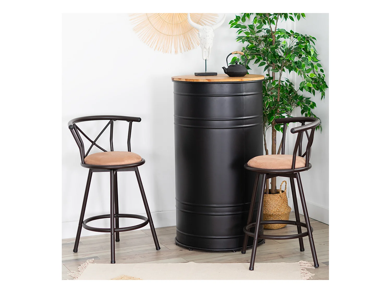 MEUBLES COSY Lot de 2 Chaises de Bar pivotant sur 360°, Tabourets Hauts Vintage, avec Dossier et Repose-Pieds, Siège de 63 cm de Haut, Style Industriel, Marron