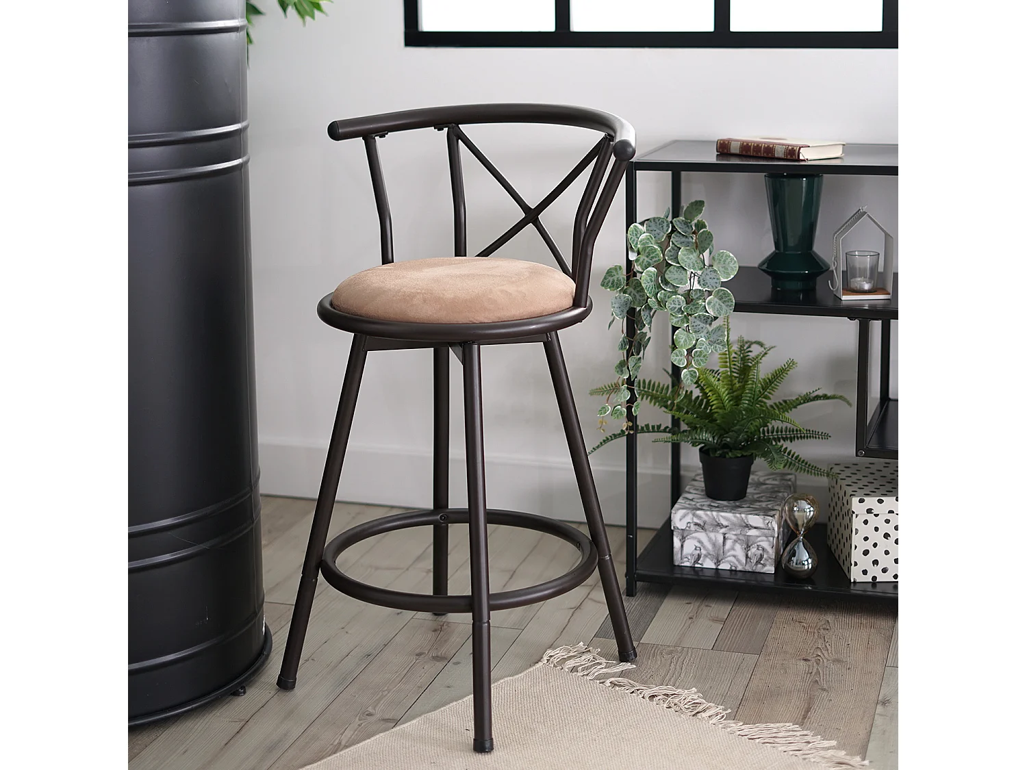 2 Tabourets De Bar Réglables Et Pivotants - Dossier Et Repose-pieds - Cuir Synthétique - Noir - HUOLE