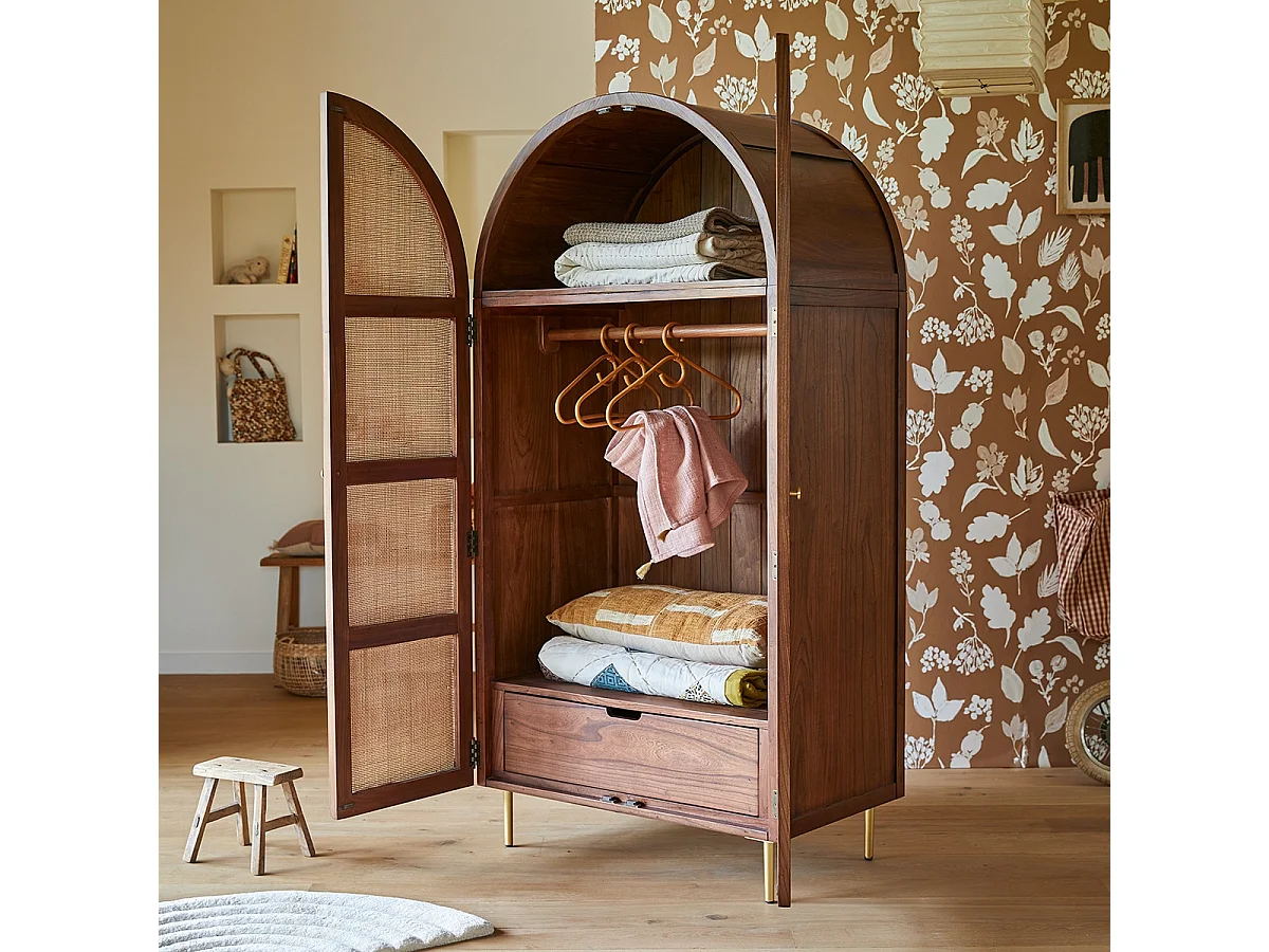 Armadio in legno di olmo e rattan Lisbeth