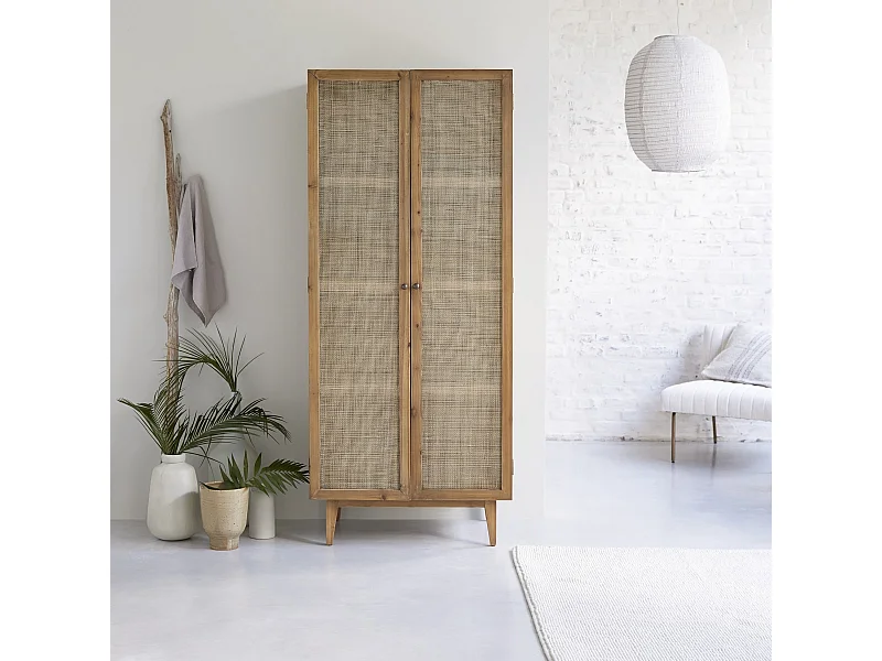 Armoire en bois de pin et cannage 200 Ninon