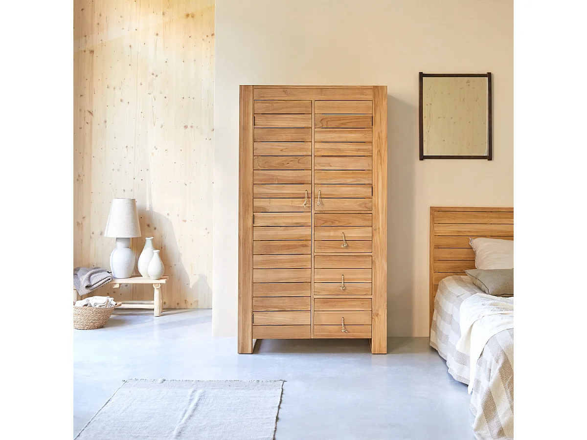 Kleiderschrank Schrank massives Teakholz 180cm 2Türen viel Stauraum Neu Tikamoon