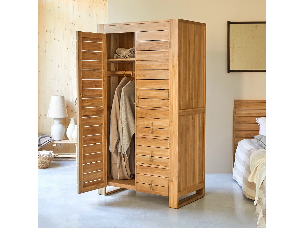 Kleiderschrank Schrank massives Teakholz 180cm 2Türen viel Stauraum Neu Tikamoon