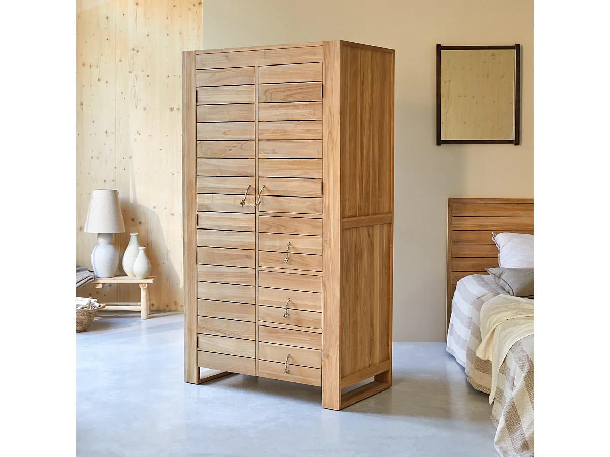 Kleiderschrank Schrank massives Teakholz 180cm 2Türen viel Stauraum Neu Tikamoon