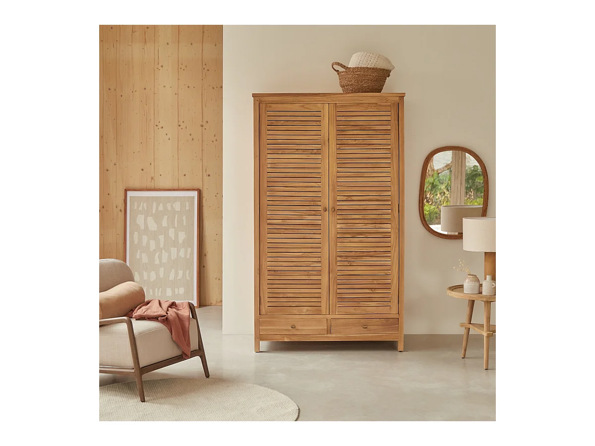 Kleiderschrank Schrank aus Teakholz Schlafzimmer 195 cm Lattenoptik