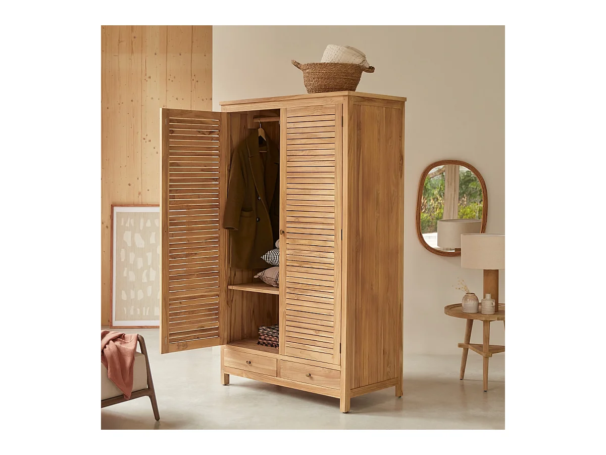 Kleiderschrank Schrank aus Teakholz Schlafzimmer 195 cm Lattenoptik