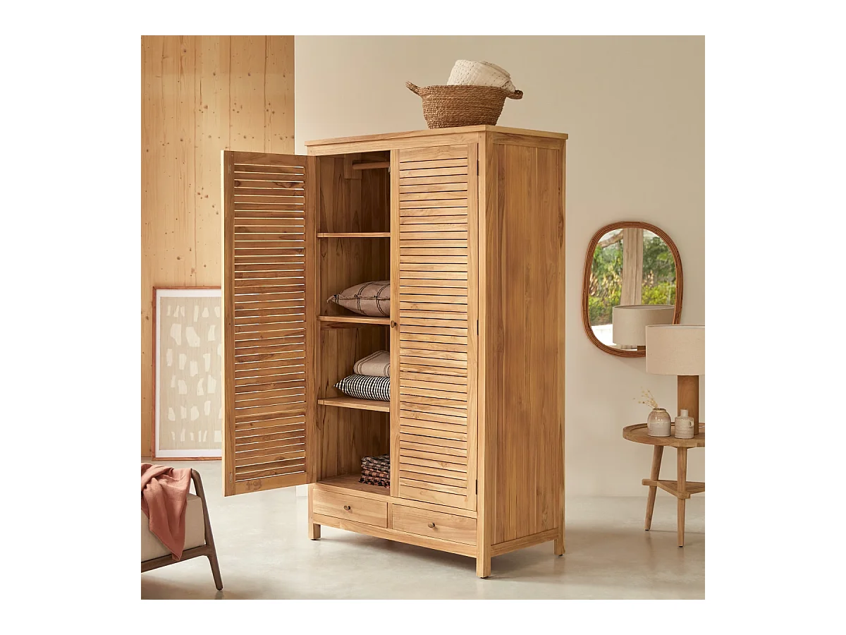 Kleiderschrank Schrank aus Teakholz Schlafzimmer 195 cm Lattenoptik