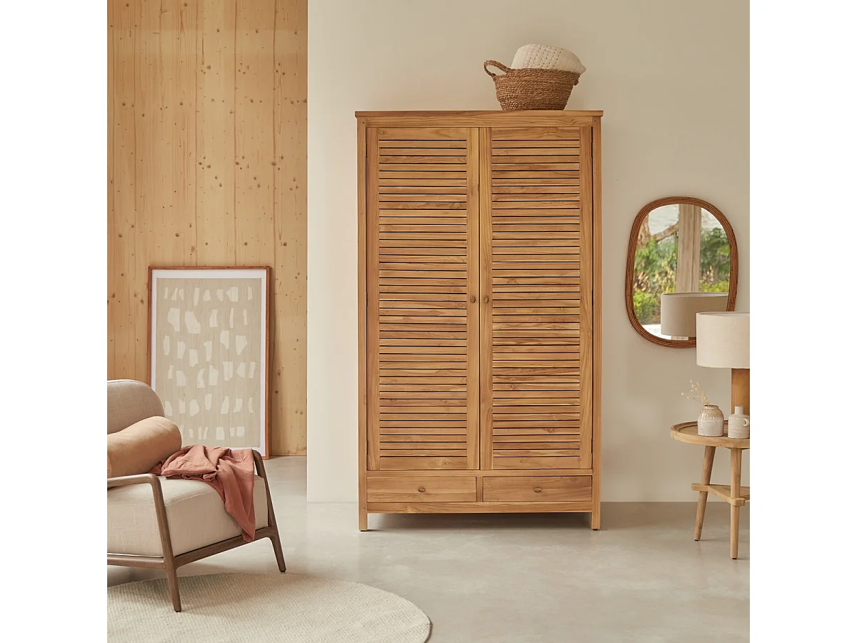 Kleiderschrank Schrank aus Teakholz Schlafzimmer 195 cm Lattenoptik