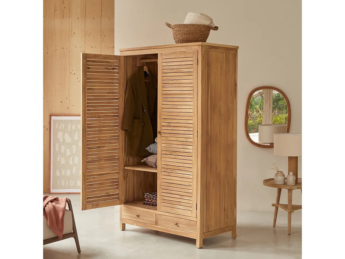 Kleiderschrank Schrank aus Teakholz Schlafzimmer 195 cm Lattenoptik
