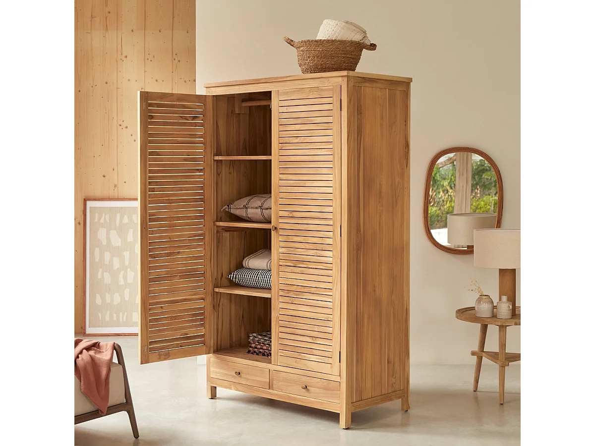 Kleiderschrank Schrank aus Teakholz Schlafzimmer 195 cm Lattenoptik
