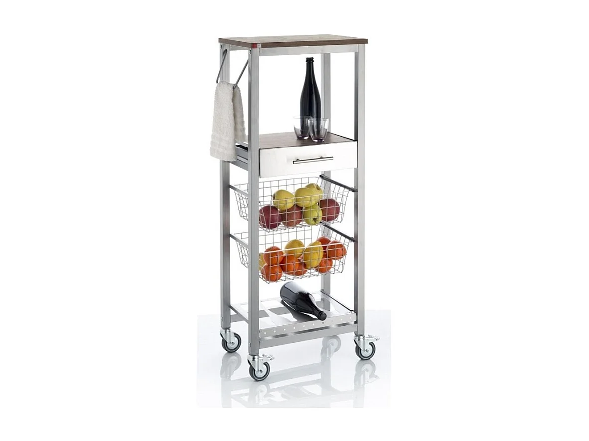 Chariot de cuisine haut, Desserte - couleur Gris aluminium, Acier inoxydable, Cerisier - 123*48,5*34 cm - ONDA ALTO