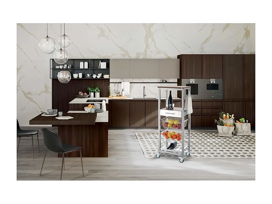Chariot de cuisine haut, Desserte - couleur Gris aluminium, Acier inoxydable, Cerisier - 123*48,5*34 cm - ONDA ALTO