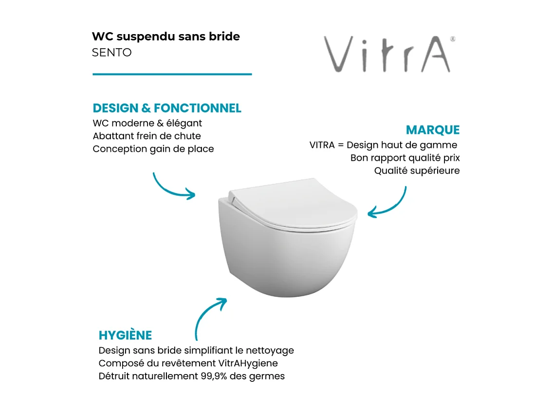 WC suspendu sans bride VitrA Sento blanc + abattant