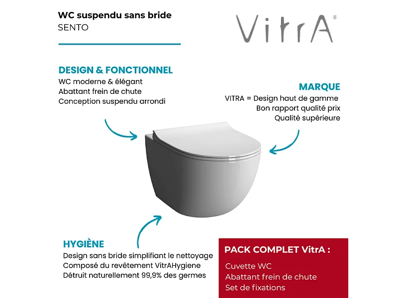 WC suspendu sans bride VitrA Sento blanc + abattant