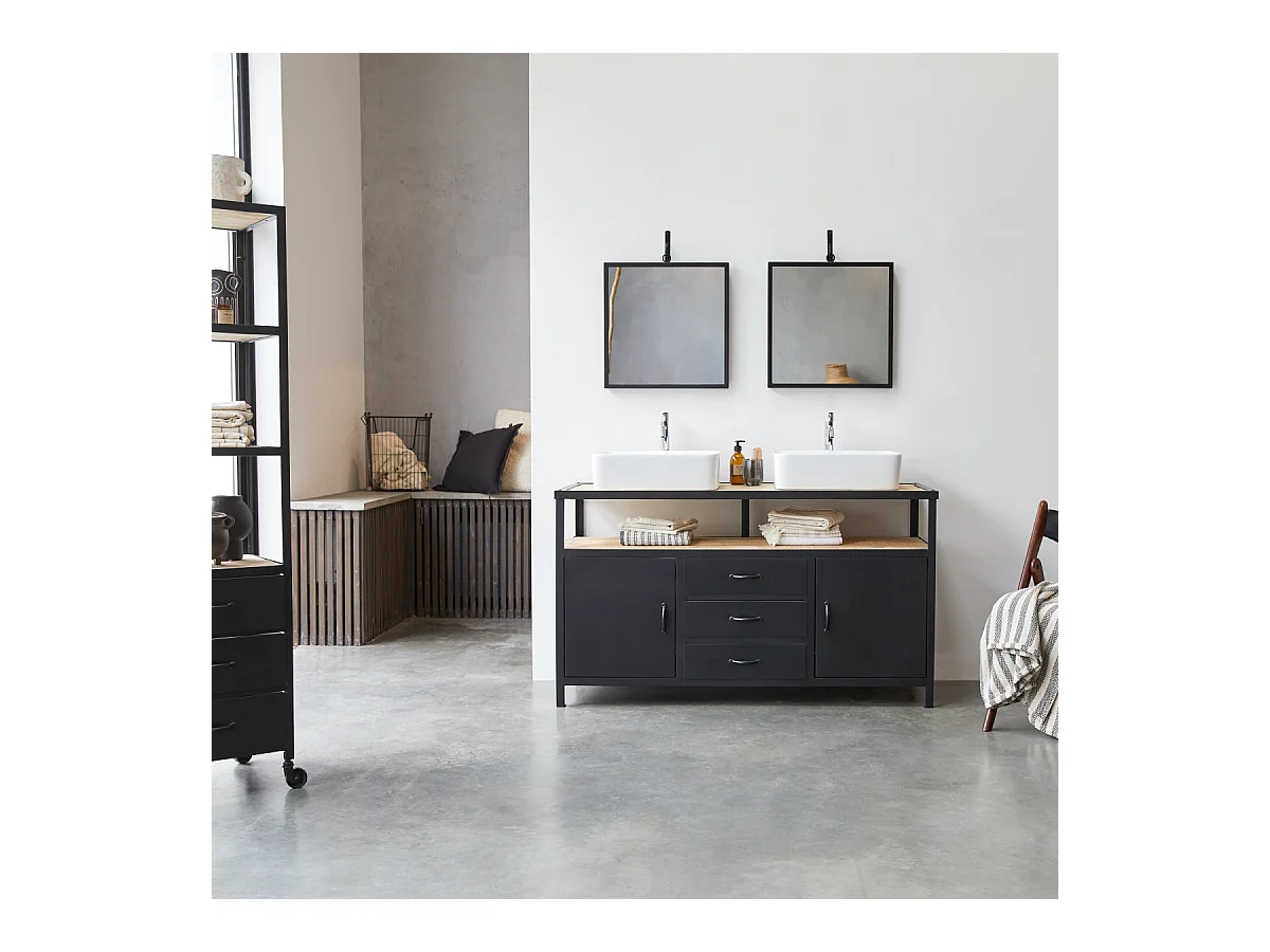 Waschtisch 140 cm Doppelwaschtisch Metall und Mangoholz massiv Loft Sil Trendy