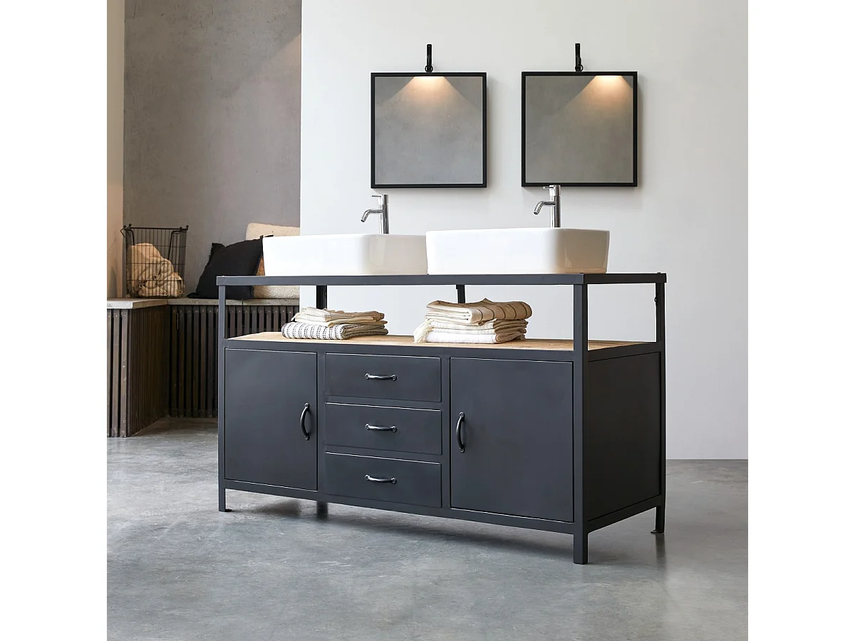 Meuble Salle de bain en métal et bois de manguier 140 Industriel