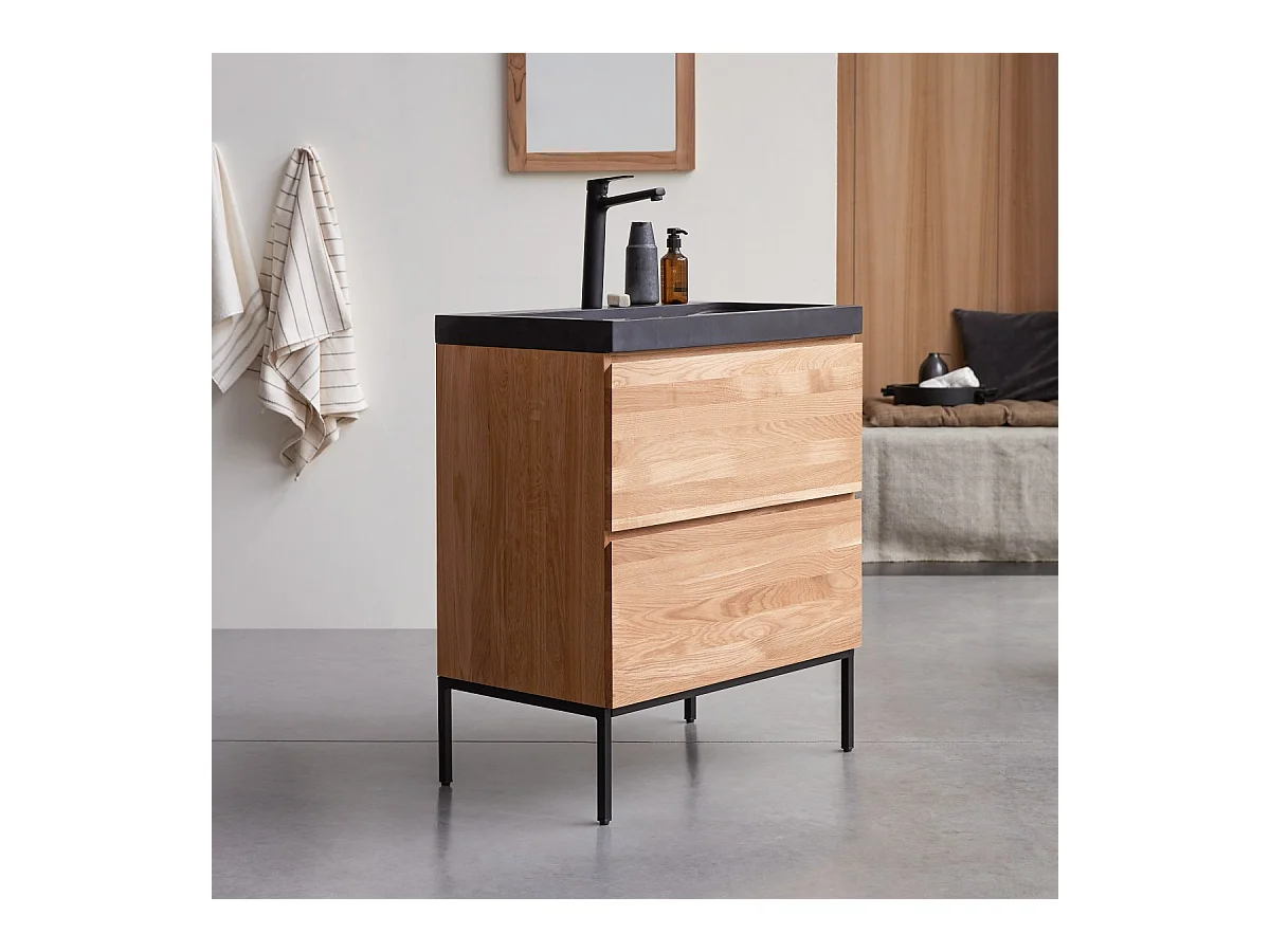 Meuble Salle de bain en bois de chêne et pierre de lave 80 Nova