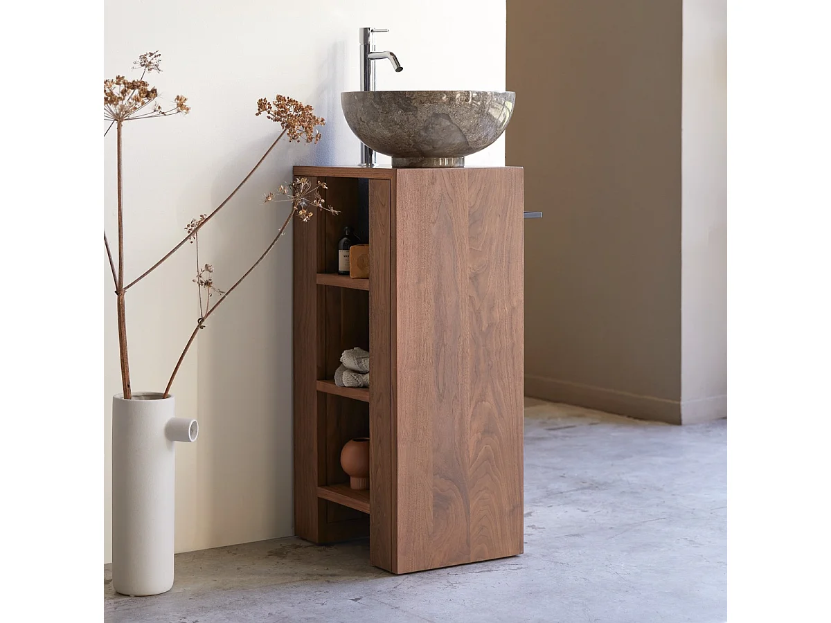 Stelle - Right-side solid walnut under-basin unit.