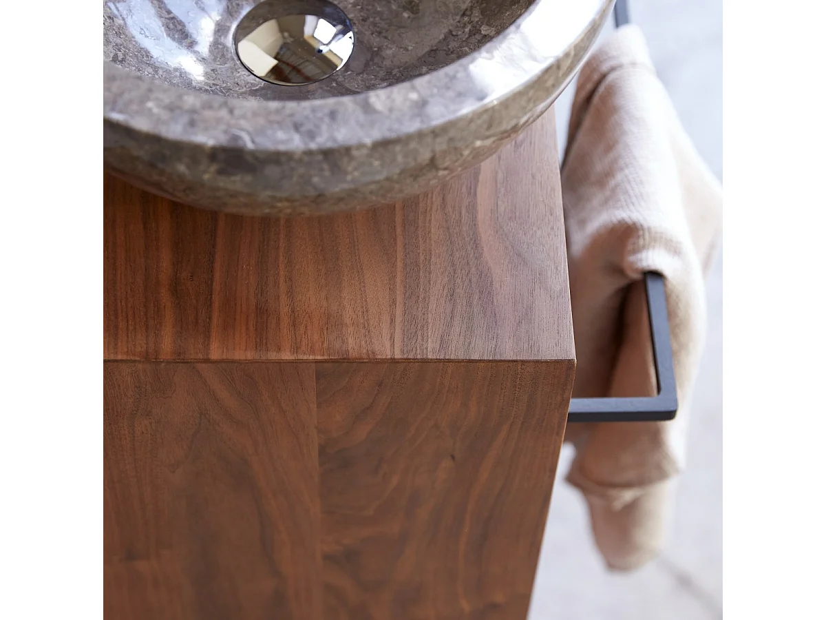 Stelle - Right-side solid walnut under-basin unit.