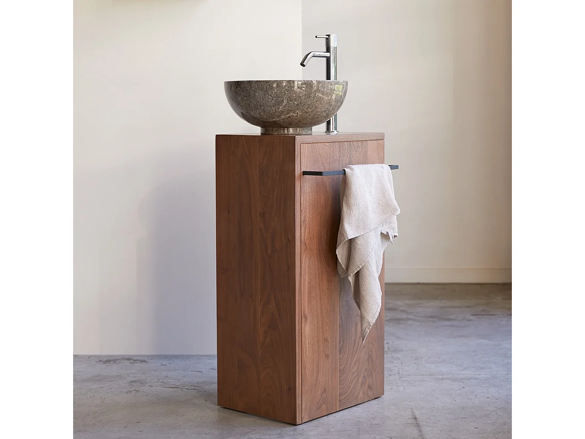 Stelle - Right-side solid walnut under-basin unit.