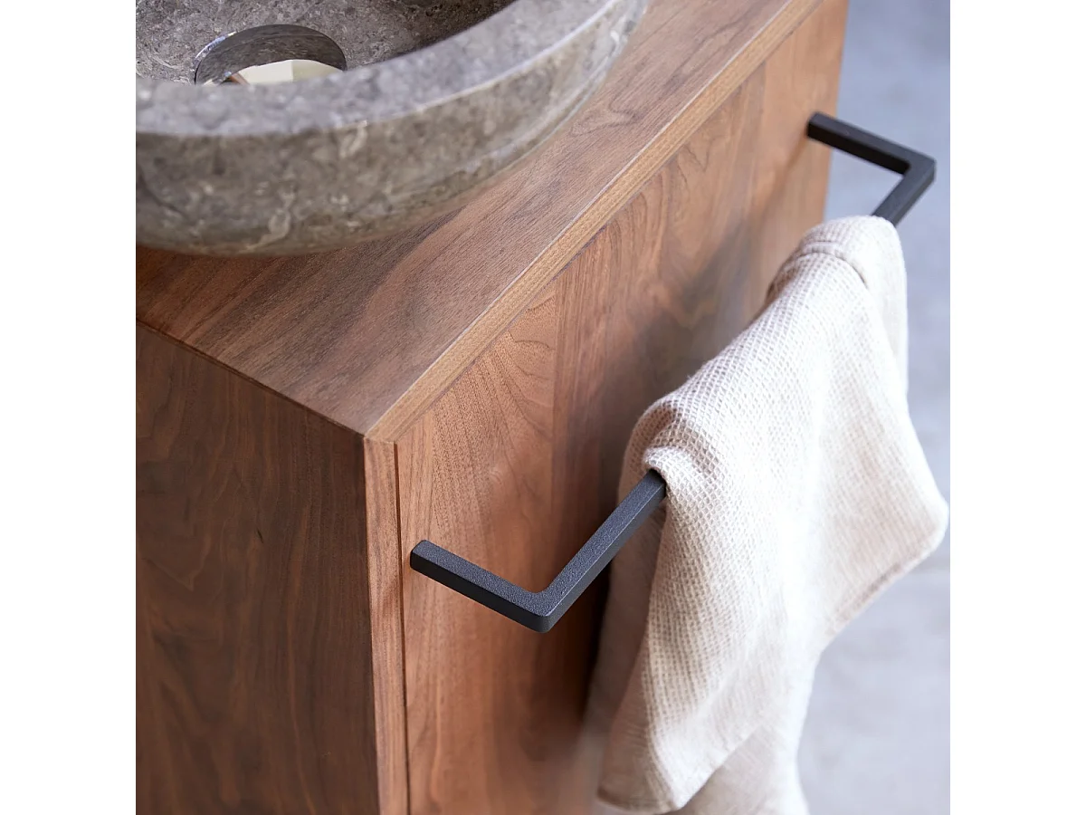Stelle - Right-side solid walnut under-basin unit.
