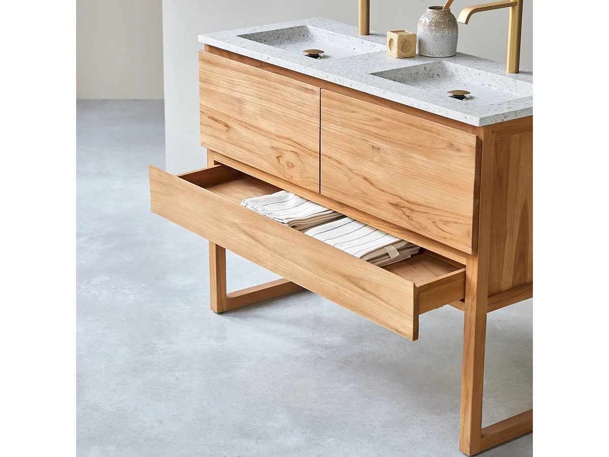 Meuble Salle de Bain en bois de teck massif et terrazzo premium Moon120 Edgar