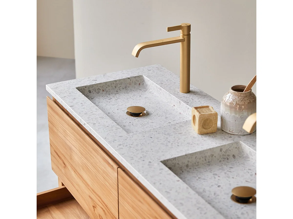 Meuble Salle de Bain en bois de teck massif et terrazzo premium Moon120 Edgar