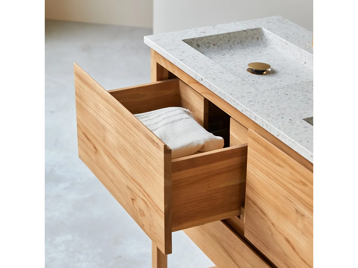 Meuble Salle de Bain en bois de teck massif et terrazzo premium Moon120 Edgar