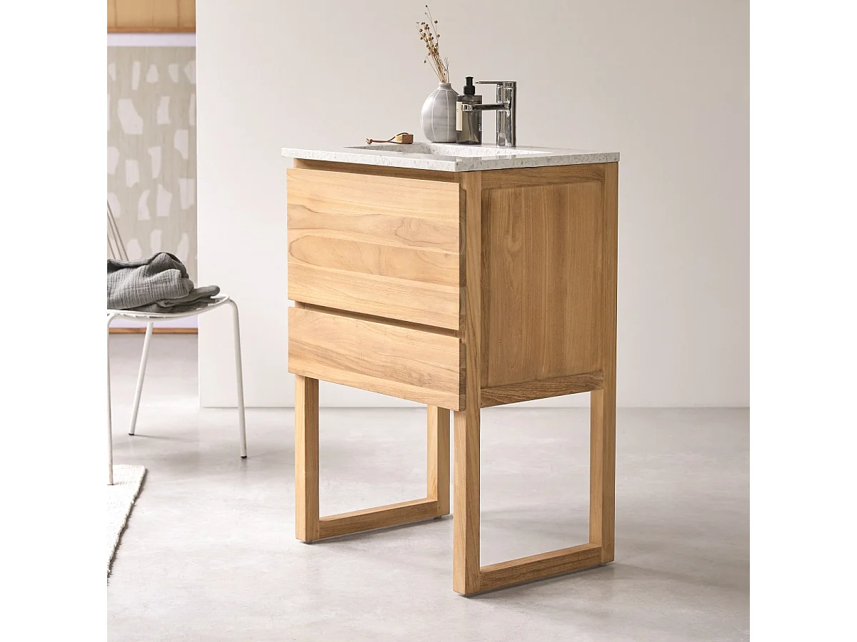 Badezimmerschrank Edgar aus massivem Teakholz und Premium-Terrazzo Moon 60 cm