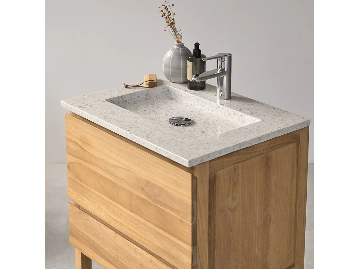 Badezimmerschrank Edgar aus massivem Teakholz und Premium-Terrazzo Moon 60 cm