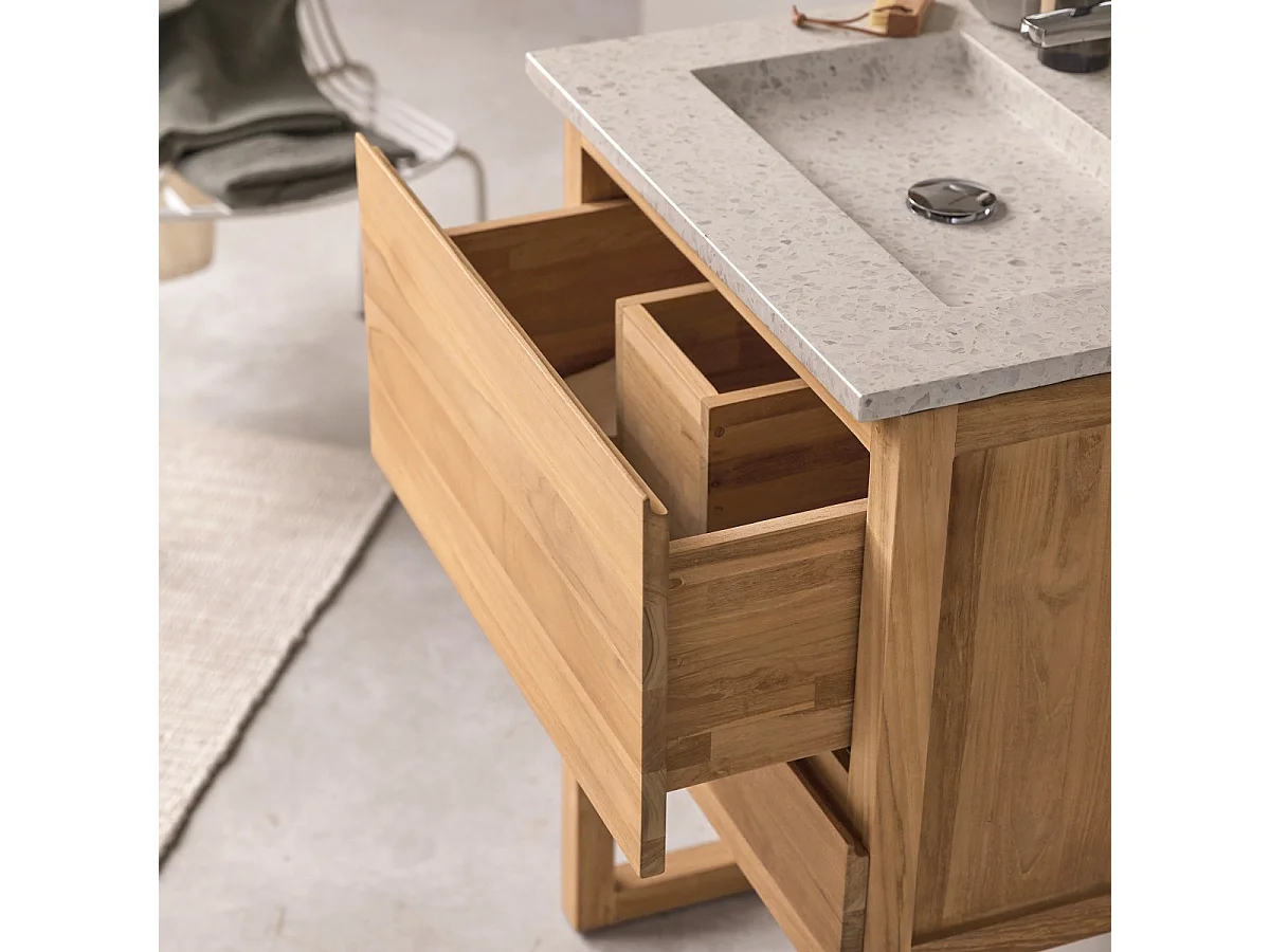 Badezimmerschrank Edgar aus massivem Teakholz und Premium-Terrazzo Moon 60 cm