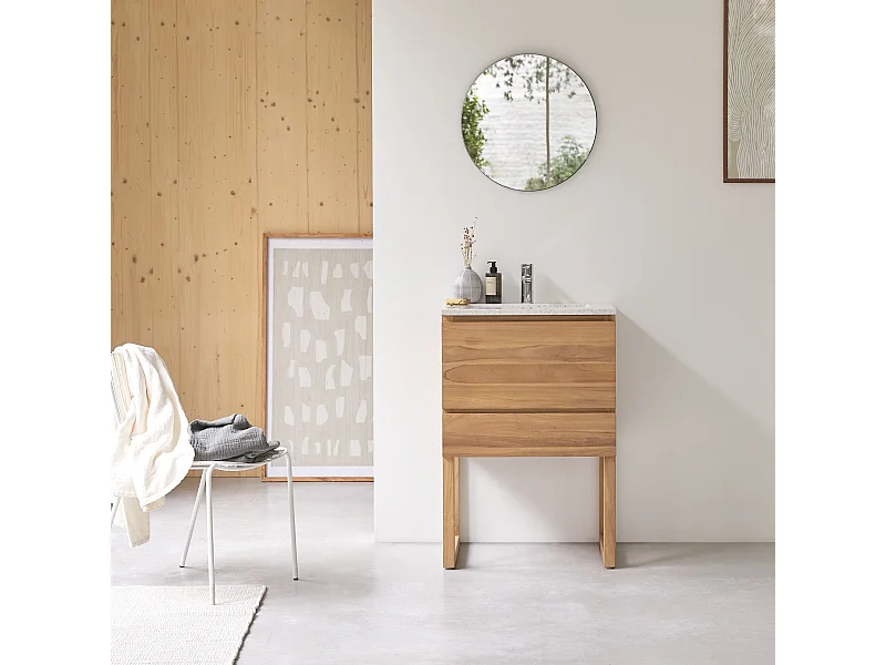 Badezimmerschrank Edgar aus massivem Teakholz und Premium-Terrazzo Moon 60 cm