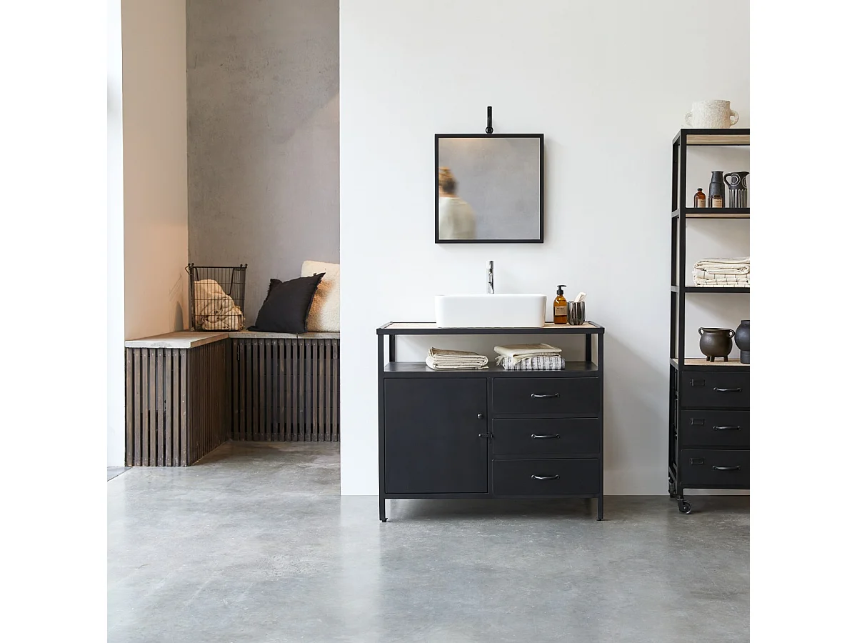 Waschtisch 95 industrieller Stil mit Manggoholz Metall und Holz im Materialmix