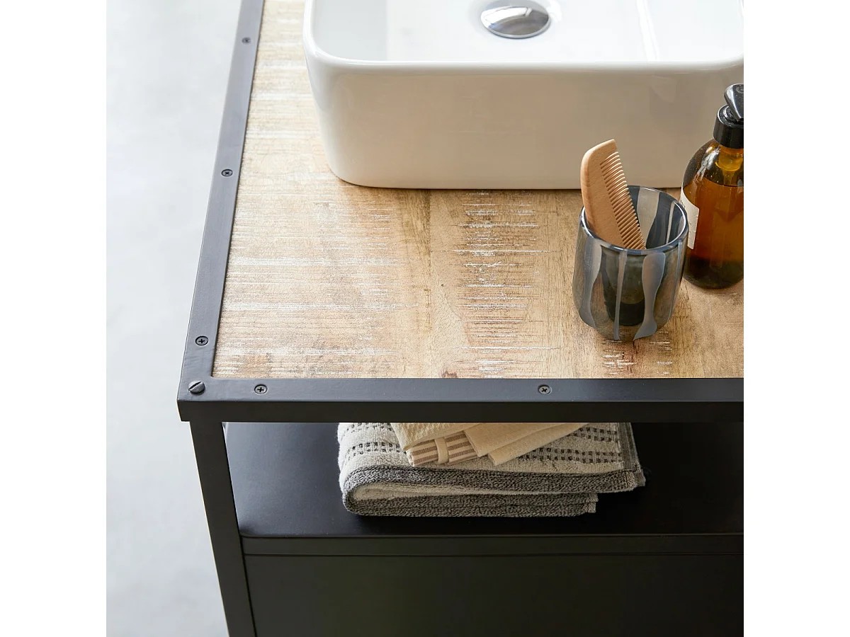 Waschtisch 95 industrieller Stil mit Manggoholz Metall und Holz im Materialmix