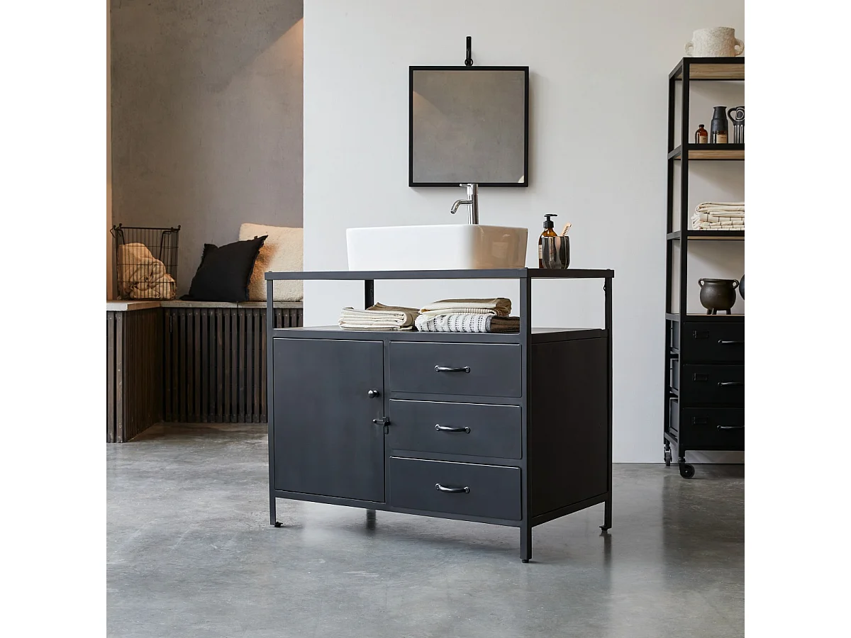 Waschtisch 95 industrieller Stil mit Manggoholz Metall und Holz im Materialmix