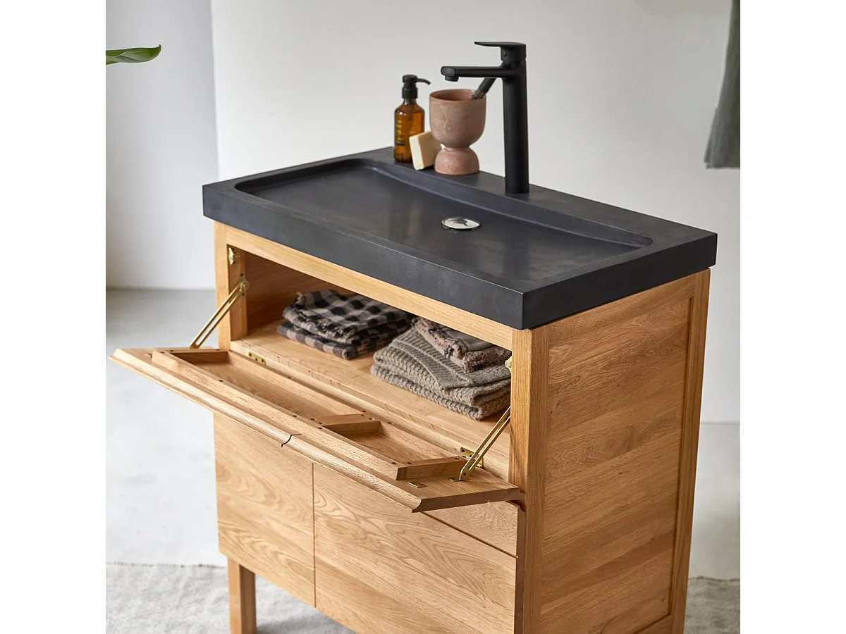 Meuble Salle de bain en bois de chêne et pierre de lave 80 Easy