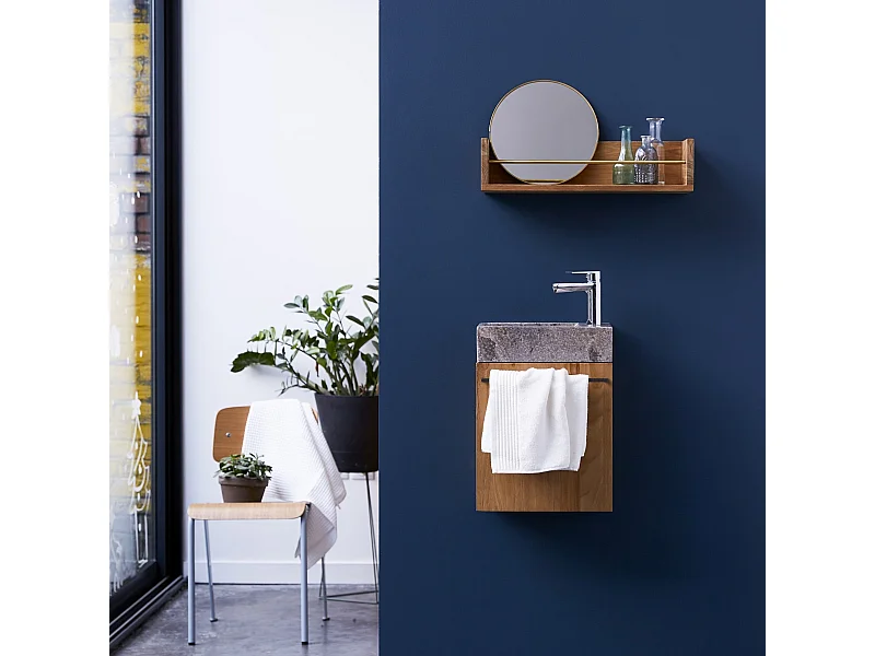 Mobile lavamani sospeso in legno di teak e marmo Stelle grey