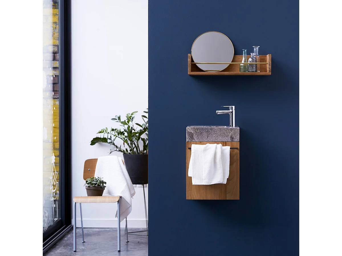 Badunterschrank hängend aus Teakholz mit grauem Marmorwaschbecken Stelle grey