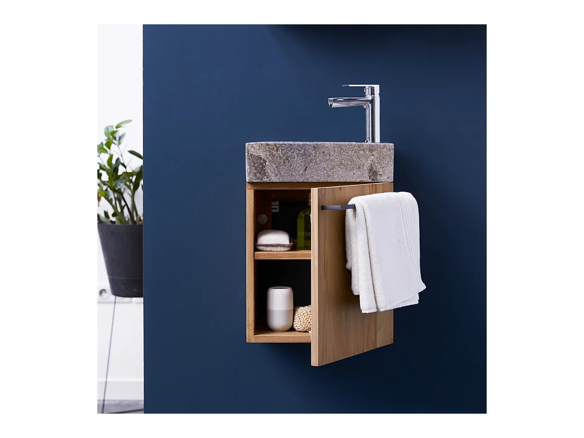 Badunterschrank hängend aus Teakholz mit grauem Marmorwaschbecken Stelle grey