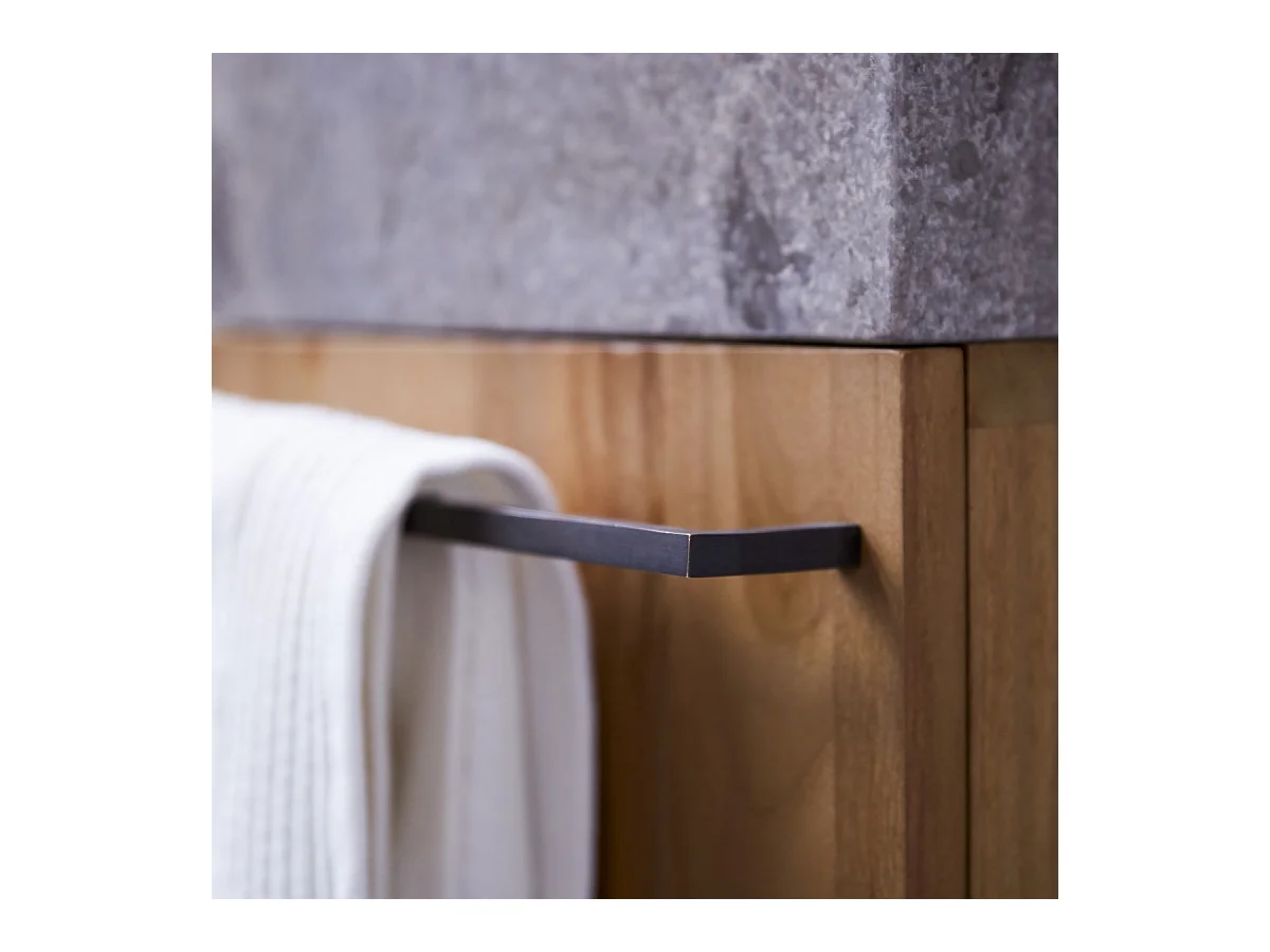 Badunterschrank hängend aus Teakholz mit grauem Marmorwaschbecken Stelle grey