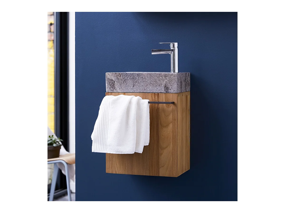 Badunterschrank hängend aus Teakholz mit grauem Marmorwaschbecken Stelle grey
