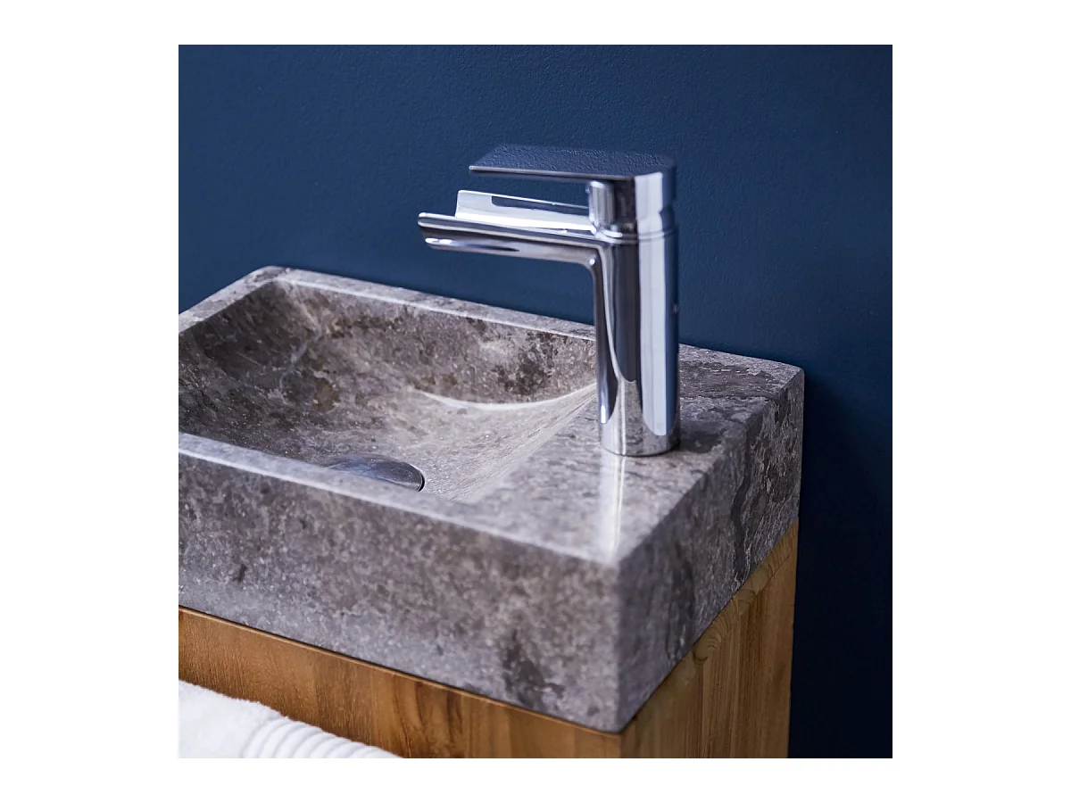 Badunterschrank hängend aus Teakholz mit grauem Marmorwaschbecken Stelle grey