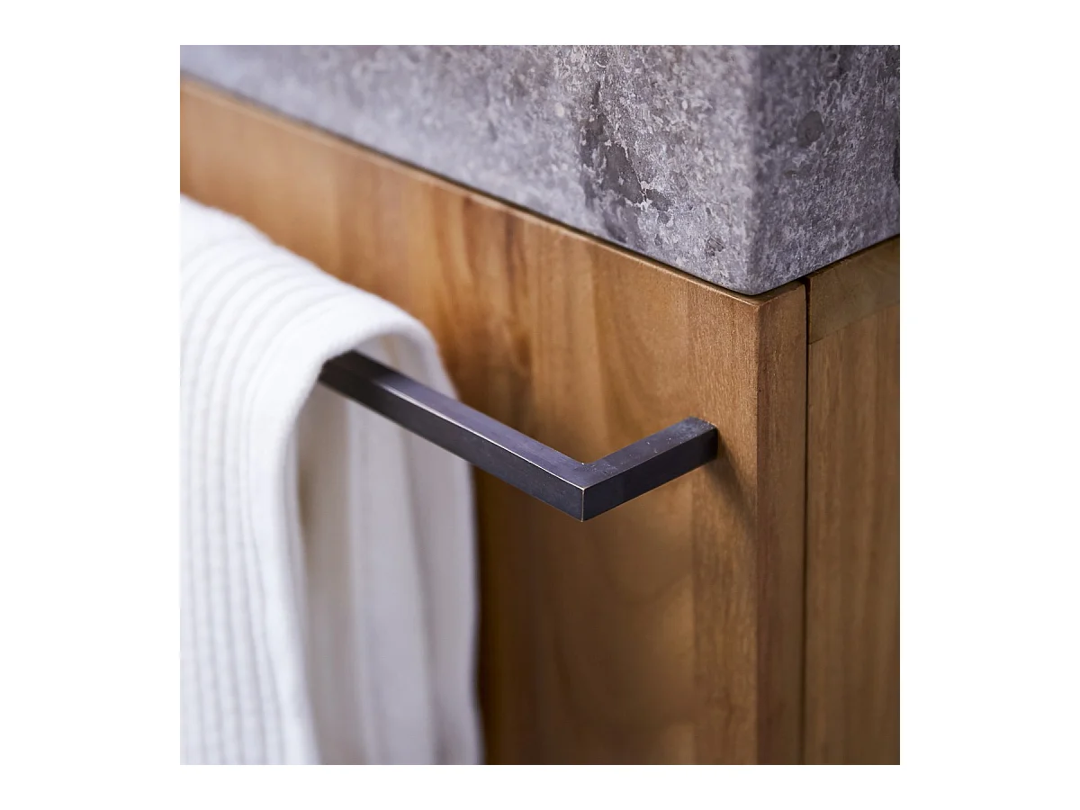 Badunterschrank hängend aus Teakholz mit grauem Marmorwaschbecken Stelle grey