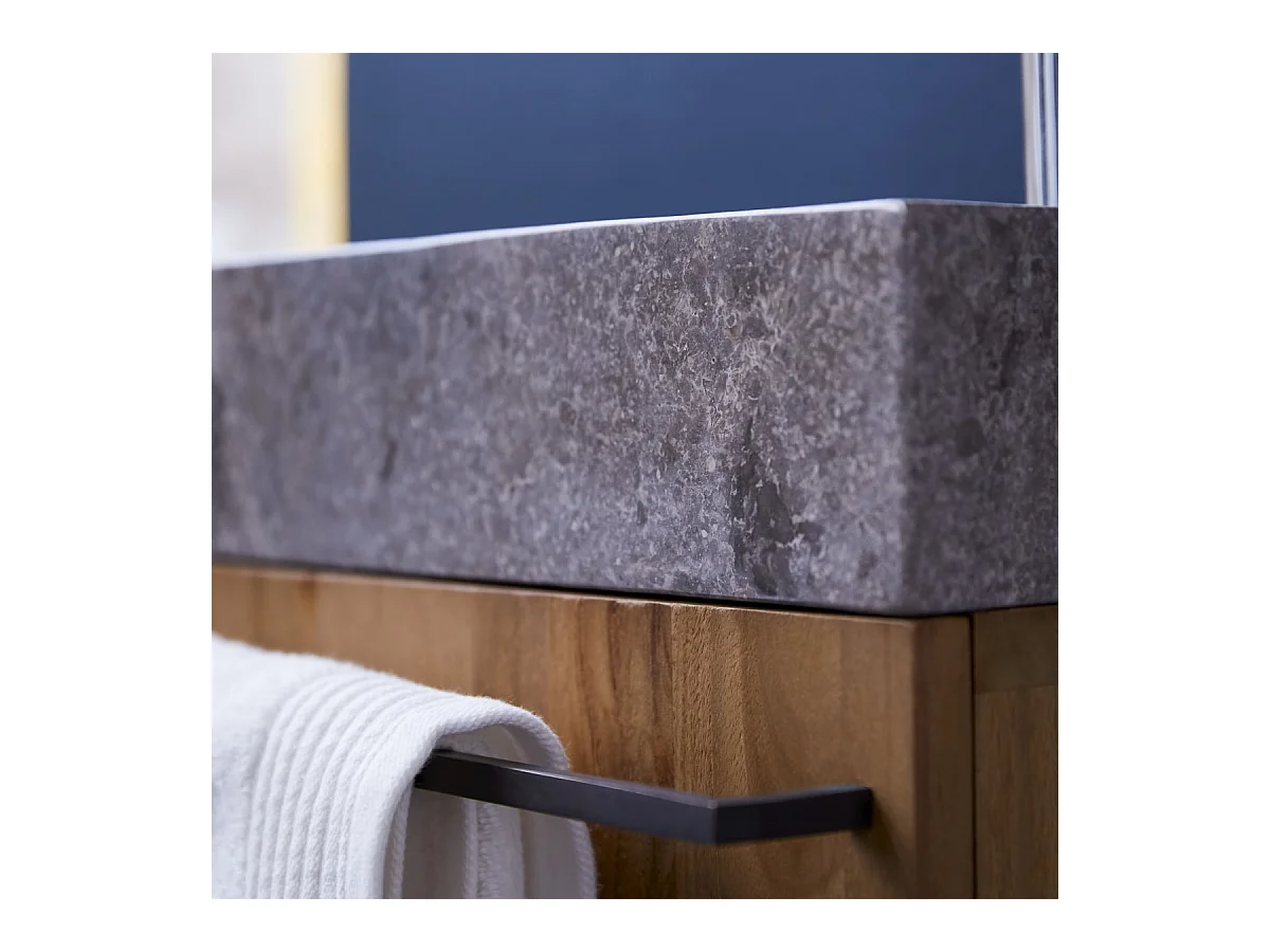 Badunterschrank hängend aus Teakholz mit grauem Marmorwaschbecken Stelle grey